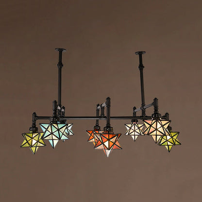 DecorBites™ Rustic Star-Shaped Stained Glass Dining Room Chandelier with 8 Pendant Lights and Hanging Rod