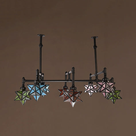 DecorBites™ Rustic Star-Shaped Stained Glass Dining Room Chandelier with 8 Pendant Lights and Hanging Rod
