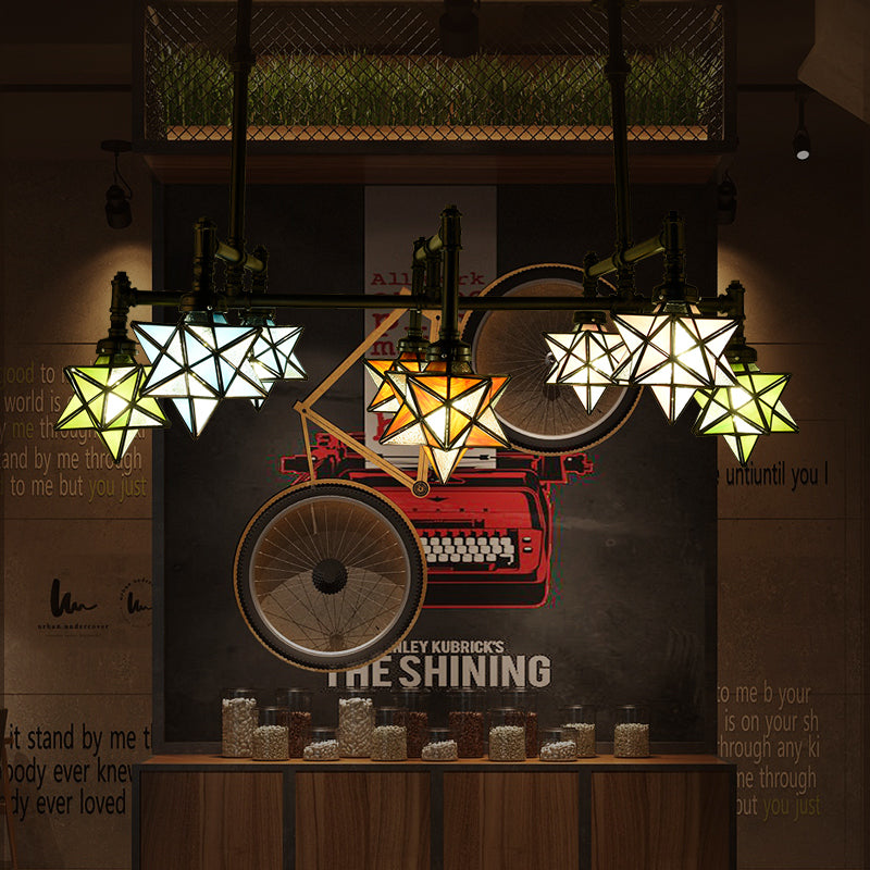 DecorBites™ Rustic Star-Shaped Stained Glass Dining Room Chandelier with 8 Pendant Lights and Hanging Rod