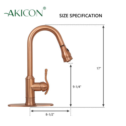 Copper Kitchen Faucet with Soap Dispenser, Single Handle Solid Brass High Arc Pull Down Sprayer Head Kitchen Sink Faucets with Deck Plate