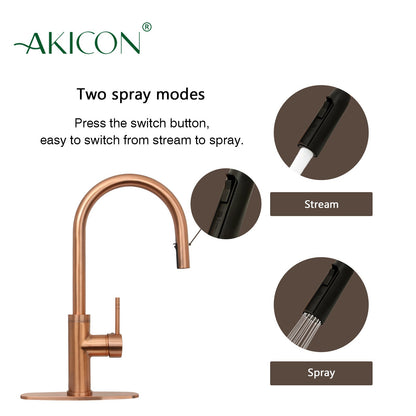 Copper Pull Out Kitchen Faucet with Deck Plate, Single Level Solid Brass Kitchen Sink Faucets with Pull Down Sprayer-AK96416C