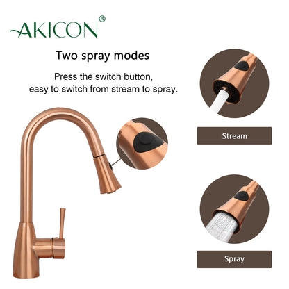 Copper Kitchen Faucet with Soap Dispenser, Single Handle Solid Brass High Arc Pull Down Sprayer Head Kitchen Sink Faucets with Deck Plate