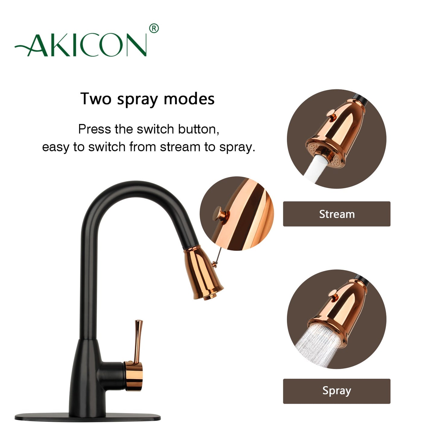 Two-Tone Matte Black & Rose Gold Pull Out Kitchen Faucet with Deck Plate, Single Level Solid Brass Kitchen Sink Faucets with Pull Down Sprayer - AK455BLRG