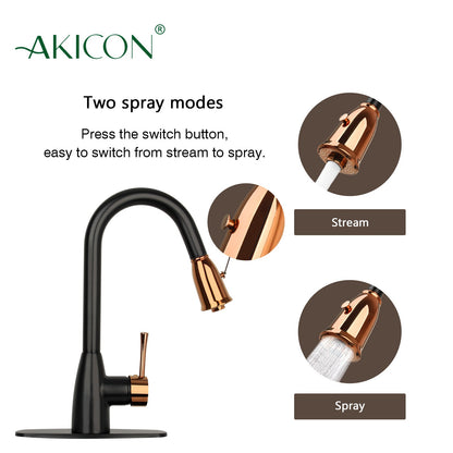 Two-Tone Matte Black & Rose Gold Pull Out Kitchen Faucet with Deck Plate, Single Level Solid Brass Kitchen Sink Faucets with Pull Down Sprayer - AK455BLRG