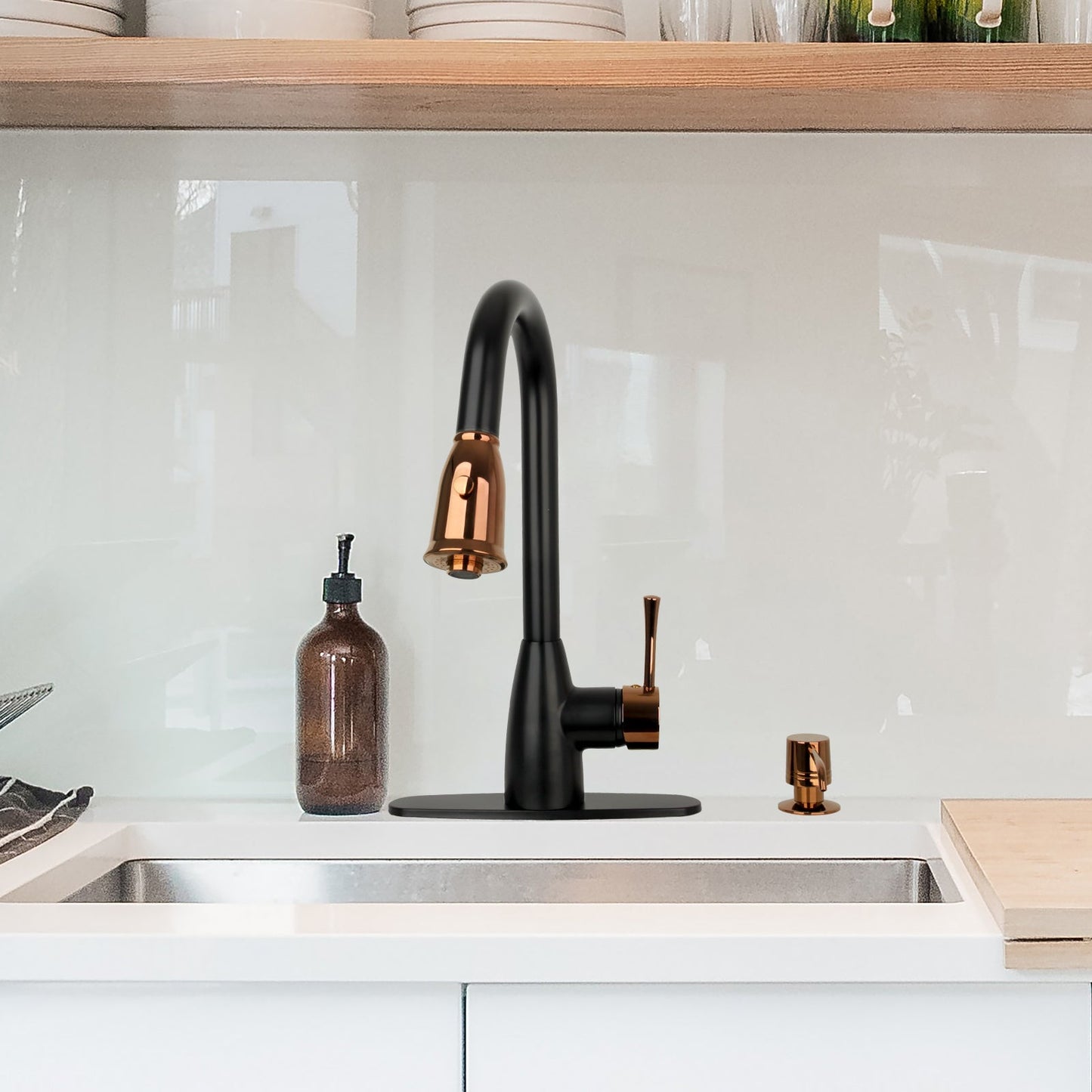 Two-Tone Matte Black & Rose Gold Pull Out Kitchen Faucet with Deck Plate, Single Level Solid Brass Kitchen Sink Faucets with Pull Down Sprayer - AK455BLRG