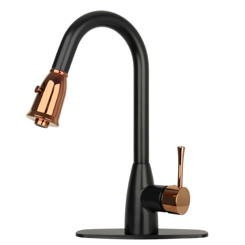 Two-Tone Matte Black & Rose Gold Pull Out Kitchen Faucet with Deck Plate, Single Level Solid Brass Kitchen Sink Faucets with Pull Down Sprayer