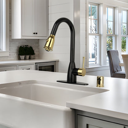 Two-Tone Matte Black & Gold Pull Out Kitchen Faucet with Deck Plate, Single Level Solid Brass Kitchen Sink Faucets with Pull Down Sprayer - AK455BLZG