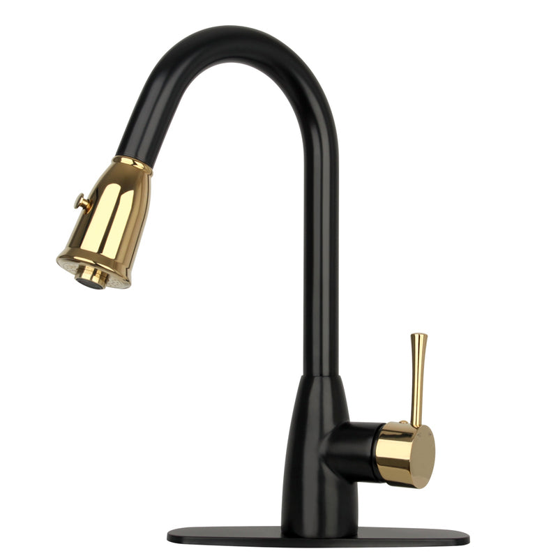 Two-Tone Matte Black & Gold Pull Out Kitchen Faucet with Deck Plate, Single Level Solid Brass Kitchen Sink Faucets with Pull Down Sprayer