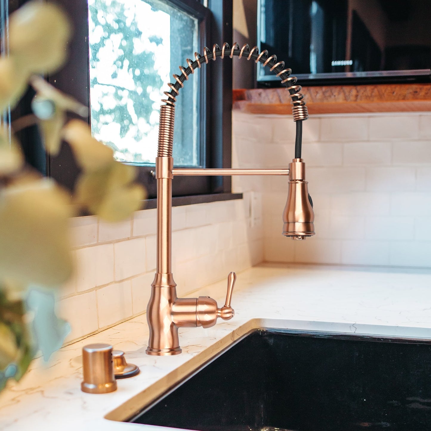 Copper Pre-Rinse Spring Kitchen Faucet, Single Level Solid Brass Kitchen Sink Faucets with Pull Down Sprayer - AK96518C