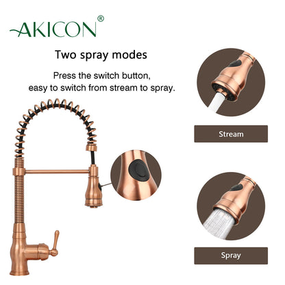 Copper Pre-Rinse Spring Kitchen Faucet, Single Level Solid Brass Kitchen Sink Faucets with Pull Down Sprayer - AK96518A-C