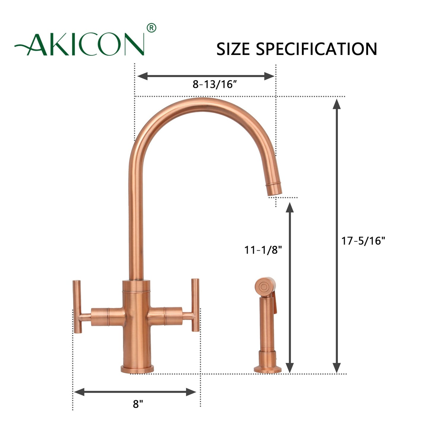 Two-Handle Copper Widespread Kitchen Faucet with Side Sprayer