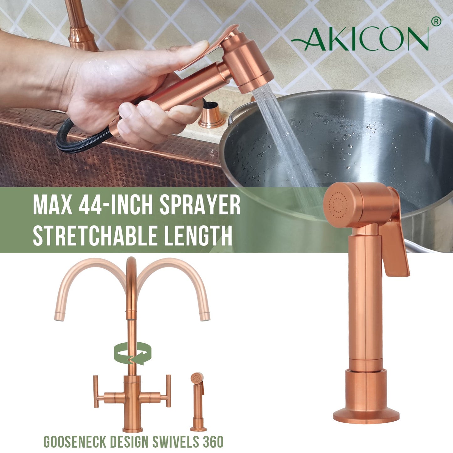Two-Handle Copper Widespread Kitchen Faucet with Side Sprayer