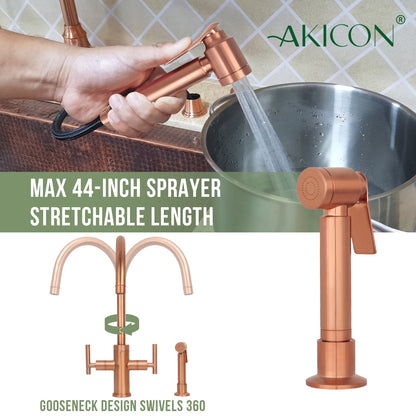 Two-Handle Copper Widespread Kitchen Faucet with Side Sprayer