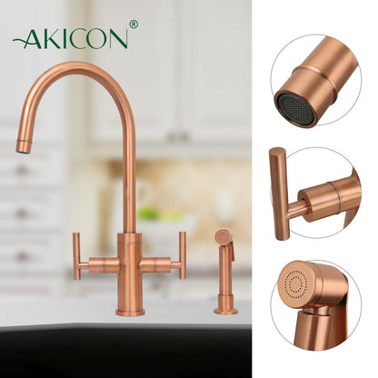 Two-Handle Copper Widespread Kitchen Faucet with Side Sprayer