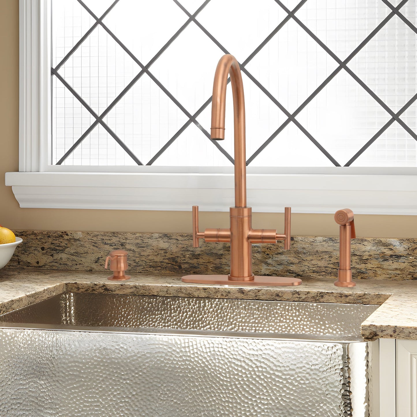 Two-Handle Copper Widespread Kitchen Faucet with Side Sprayer