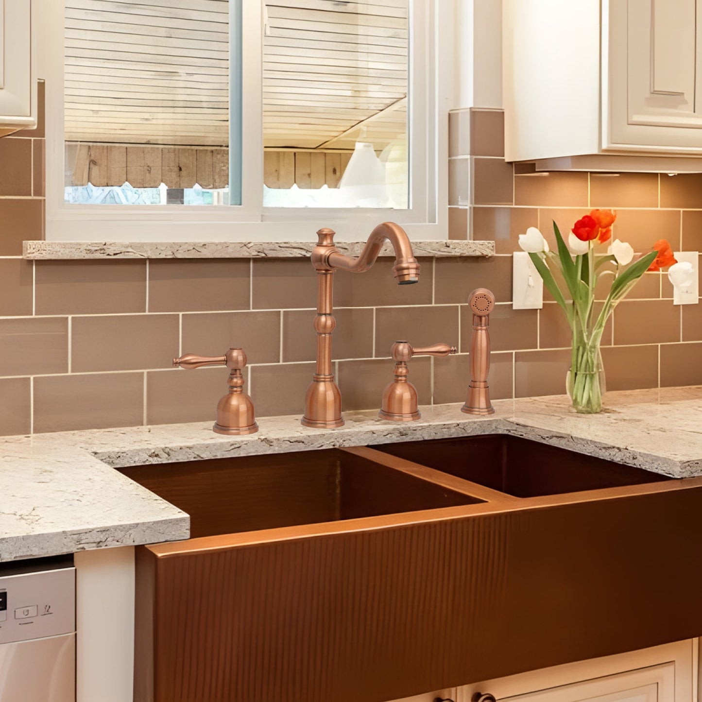 Two-Handles Copper Widespread Kitchen Faucet with Side Sprayer - AK96818C