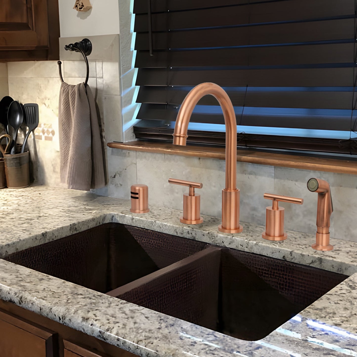 Two-Handles Copper Widespread Kitchen Faucet with Plastic Side Sprayer