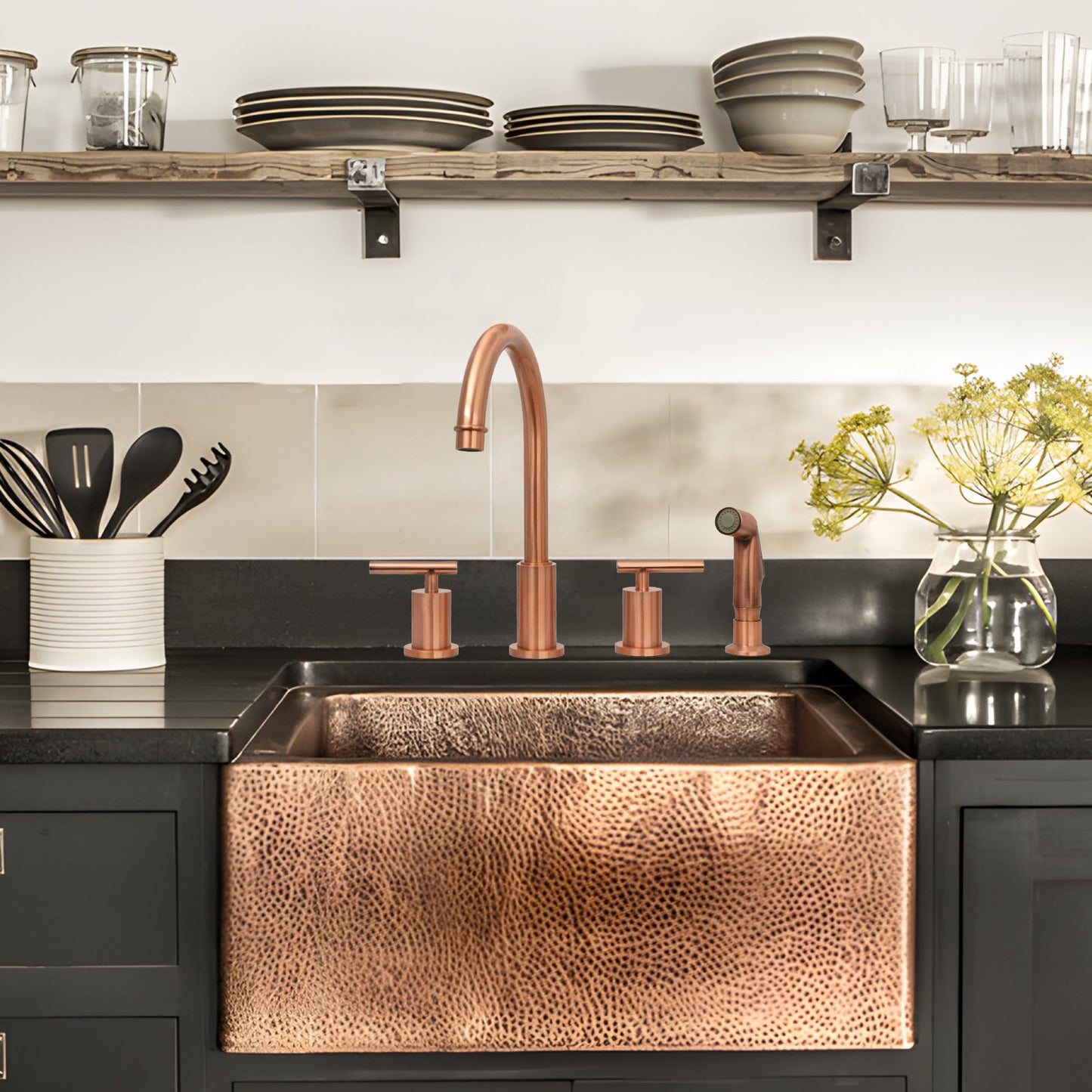 Two-Handles Copper Widespread Kitchen Faucet with Plastic Side Sprayer
