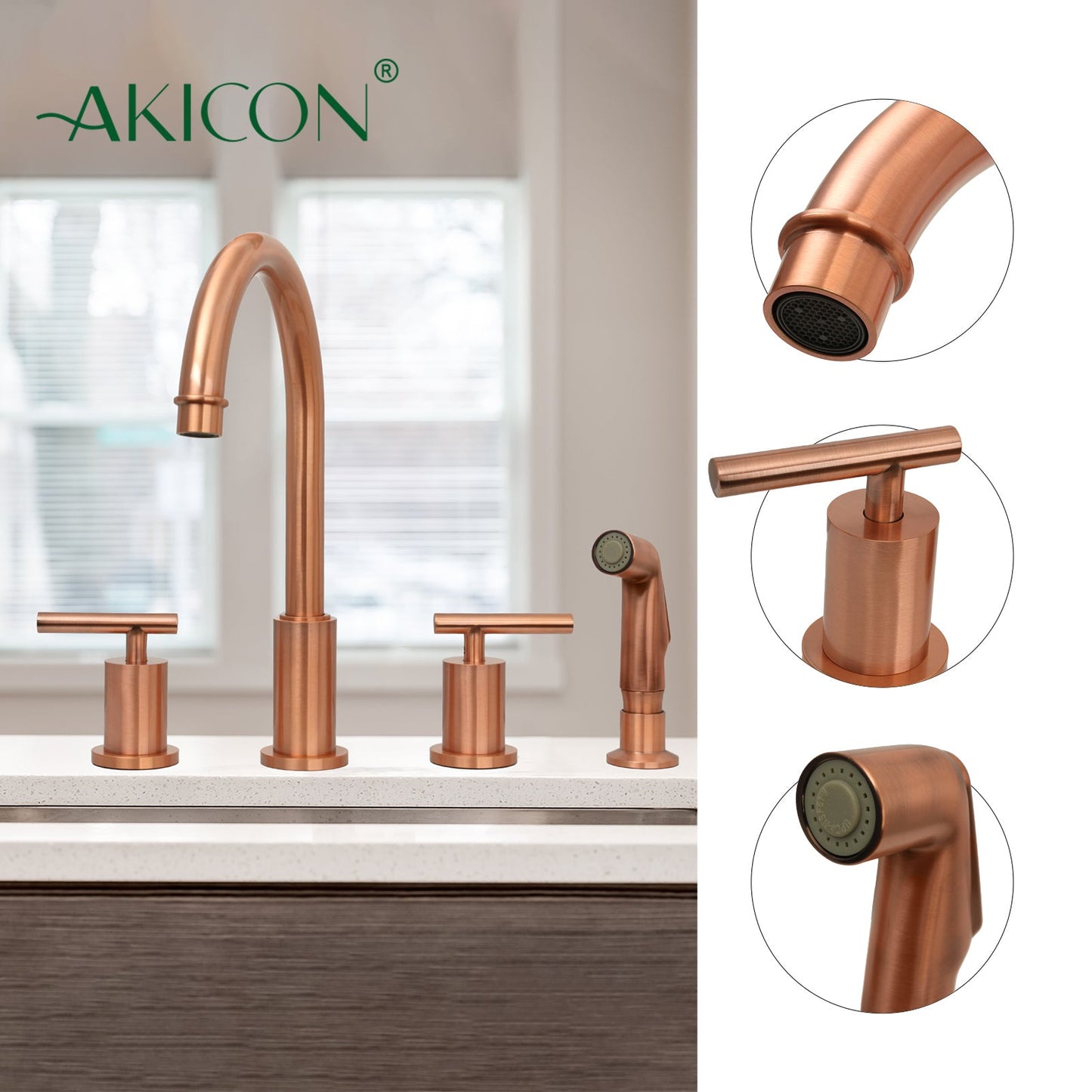 Two-Handles Copper Widespread Kitchen Faucet with Plastic Side Sprayer