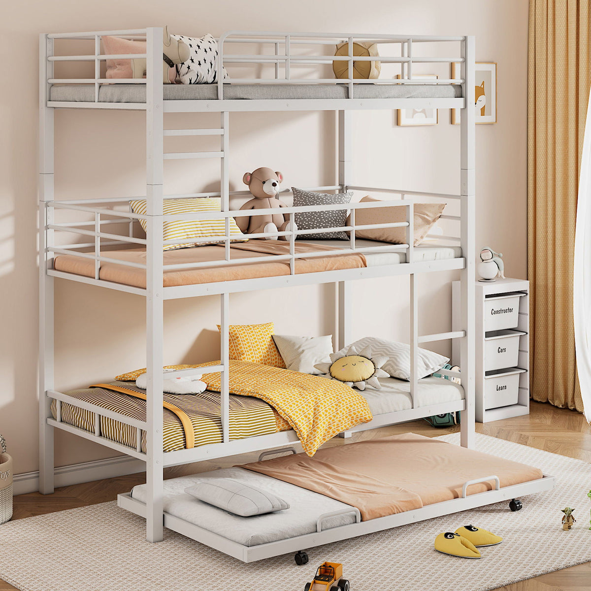 Triple Bunk Bed With Trundle, Heavy Duty Steel Construction