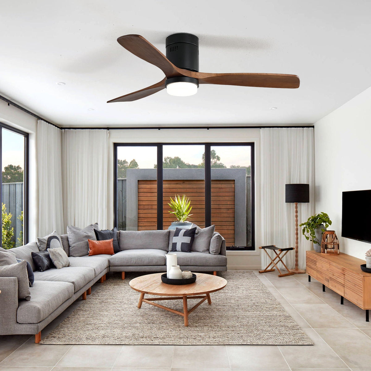 Indoor Ceiling Fan With Lights, Reversible DC Motor, Remote Control - Black