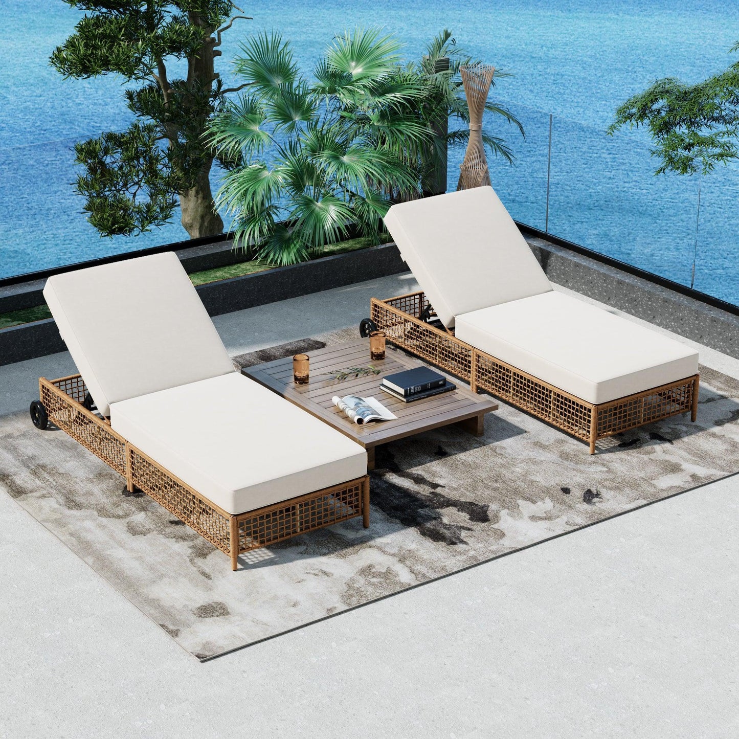 Outdoor Lounge Chair, Patio Chaise Lounge with 5-Position Backrest, Rattan Outdoor Lounge Chair with Cushion and Wheels for Poolside, Backyard, Garden