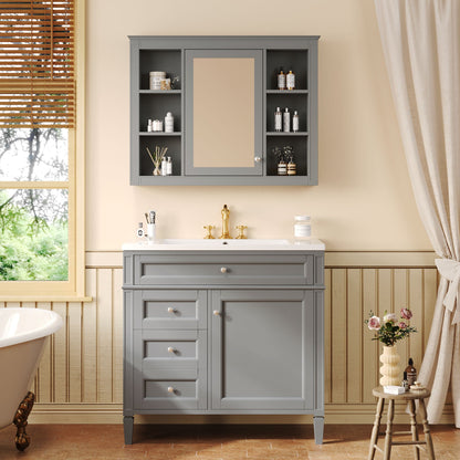 Bathroom Vanity With Mirror Cabinet, Single Sink With 2 Soft Closing Doors And 4 Drawers