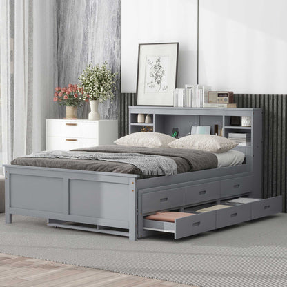 Platform Bed With Storage Headboard, USB, Trundle And 3 Drawers
