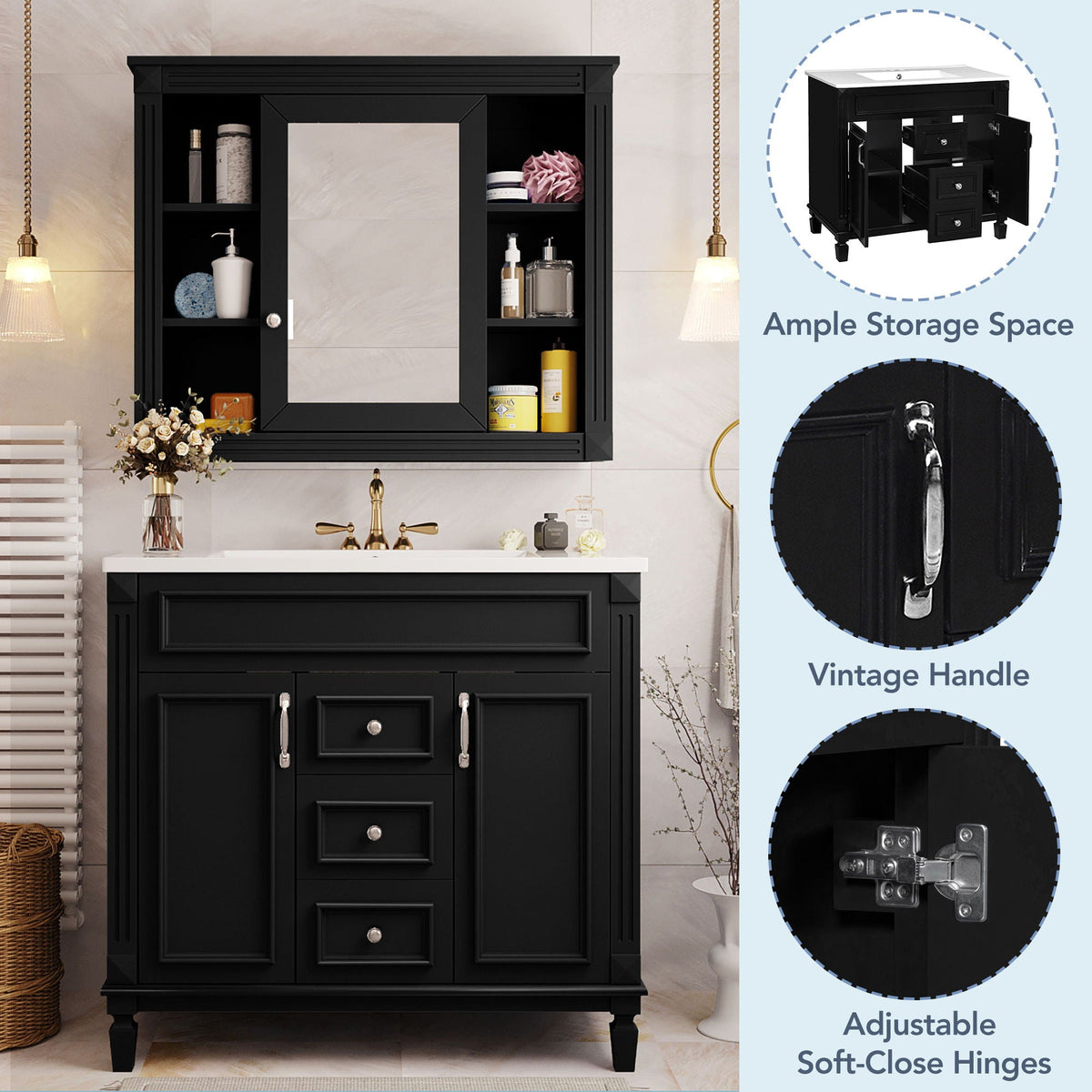 Bathroom Vanity With Top Sink, Mirror Cabinet, 2 Soft Closing Doors & 2 Drawers