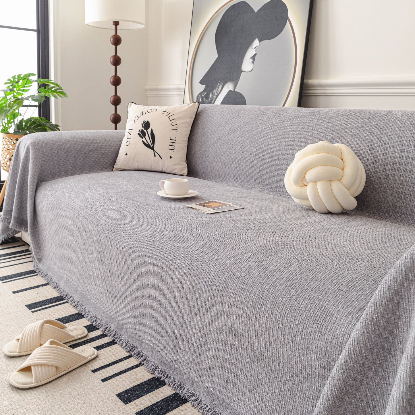 Textured Woven Modern Sofa Cover, Natural Blend Decorative Couch Throw Blanket