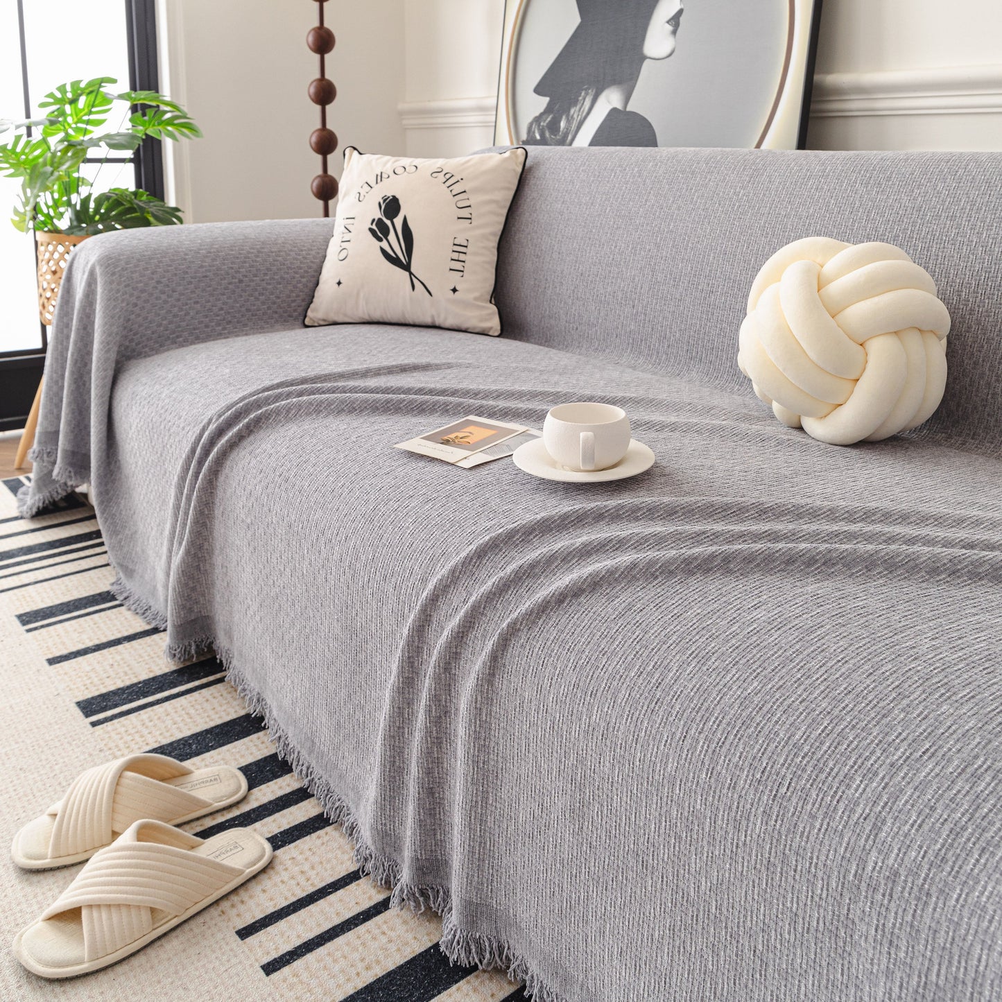 Textured Woven Modern Sofa Cover, Natural Blend Decorative Couch Throw Blanket
