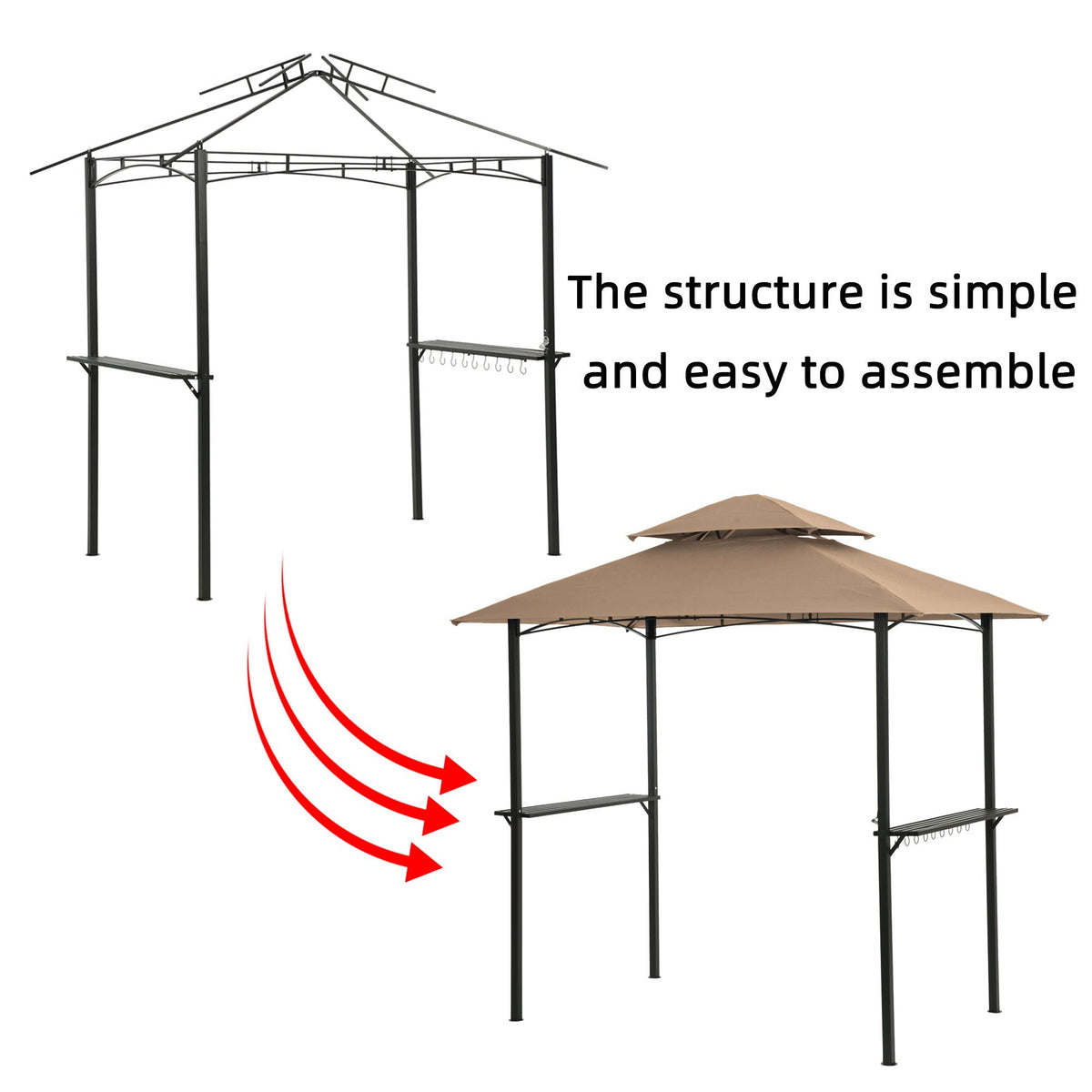 Outdoor Grill Gazebo With Double Tier Soft Top Canopy, Steel Frame, Bar Counters & Hook