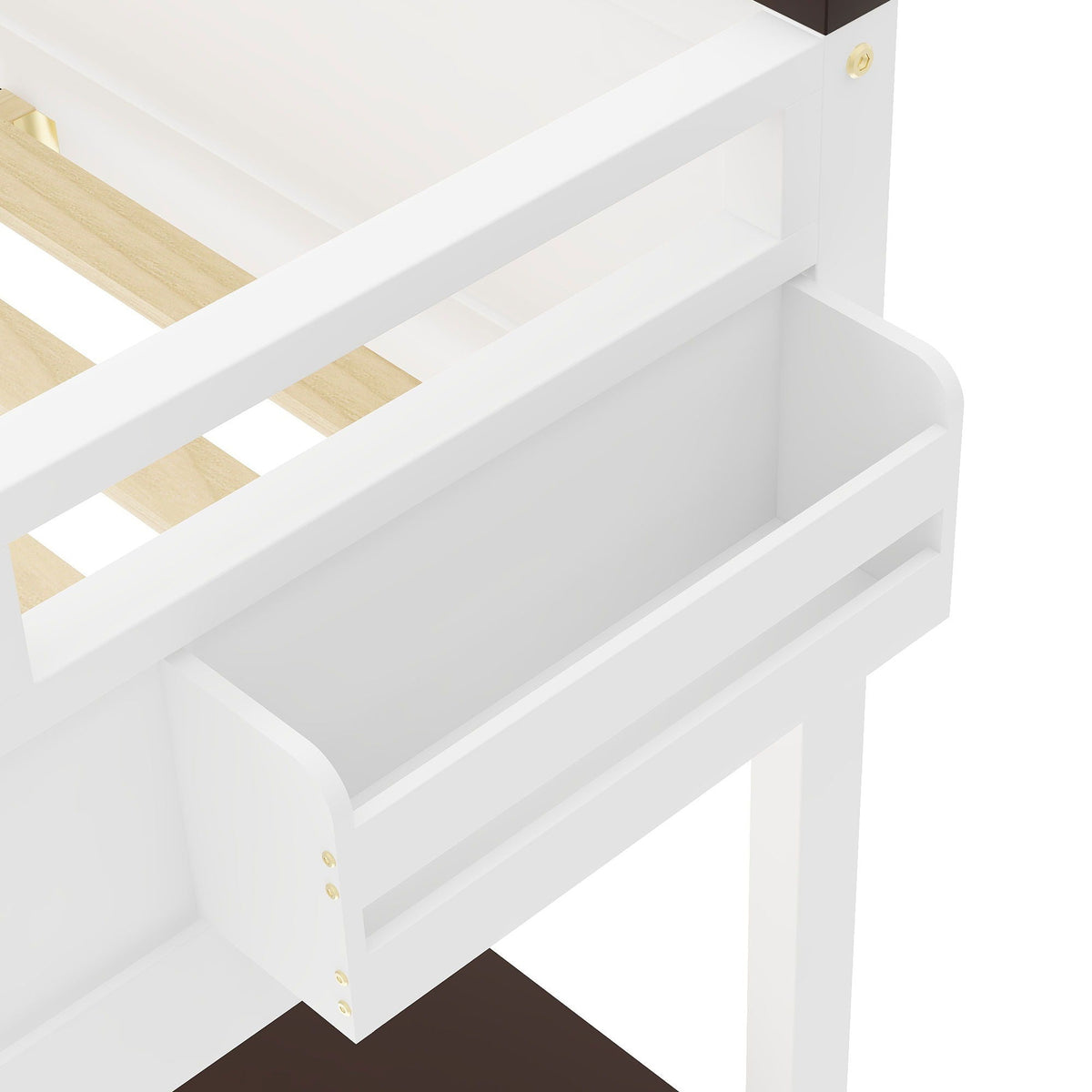 Queen Size Loft Bed With Desk, Open Shelf, Storage Box And USB Charging Station - White