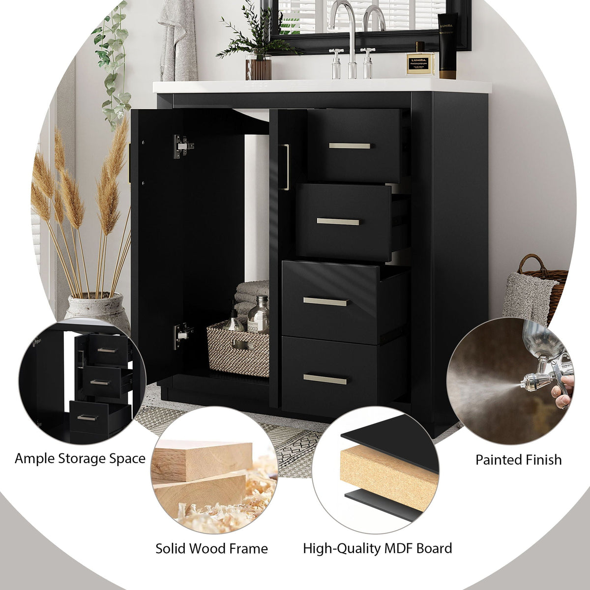 Bathroom Vanity With Sink, Storage Cabinet, Freestanding Set With 3 Drawers & Soft Closing Doors
