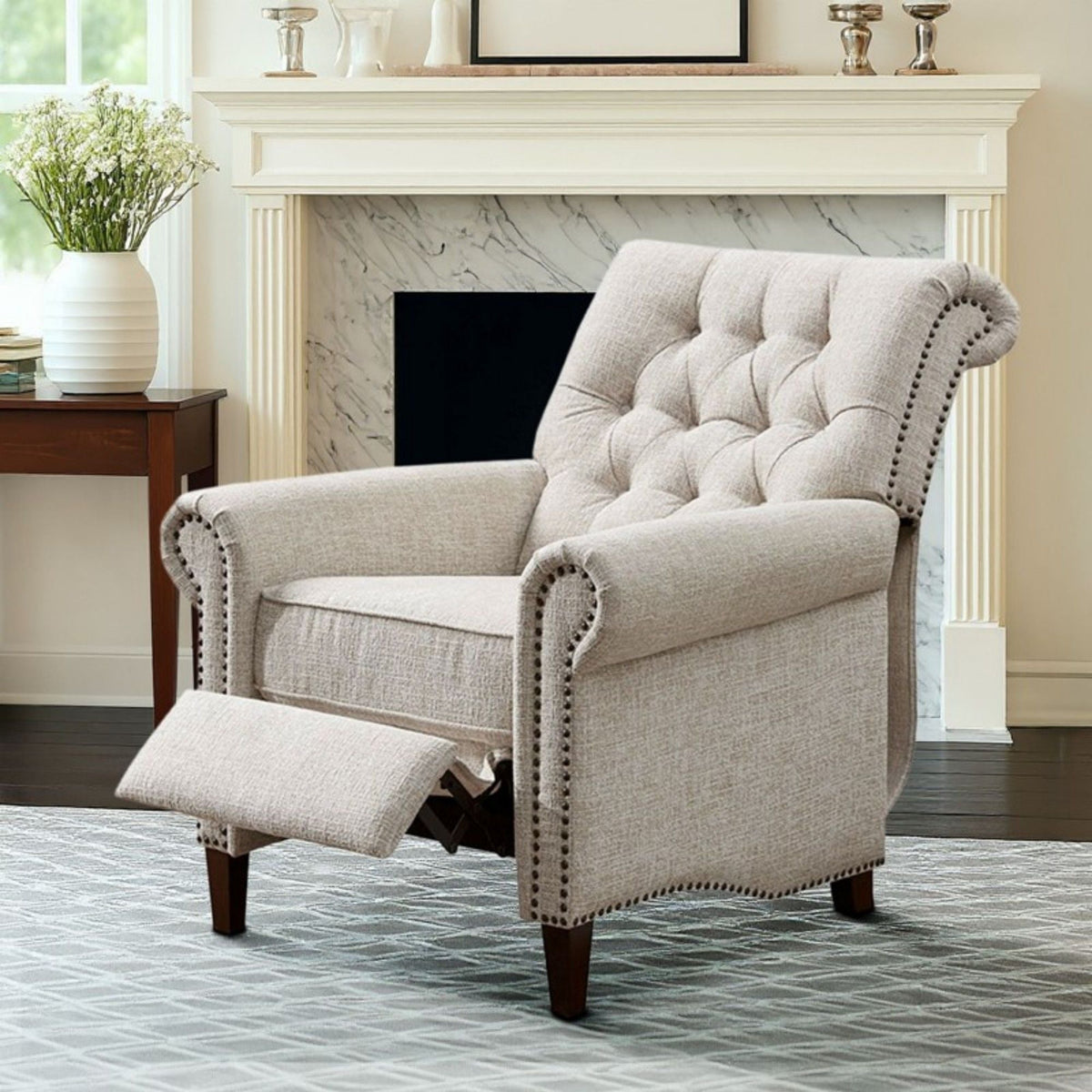 Aidan - Push Back Recliner Chair With Tufted Back And Nailhead Trim - Cream