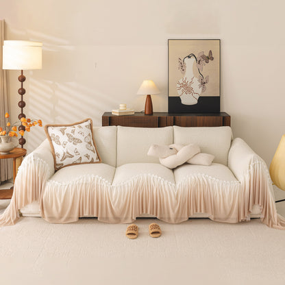 Luxury Sofa Throw Cover with Elegant Ruffled Skirt, Soft Decorative Couch Protector