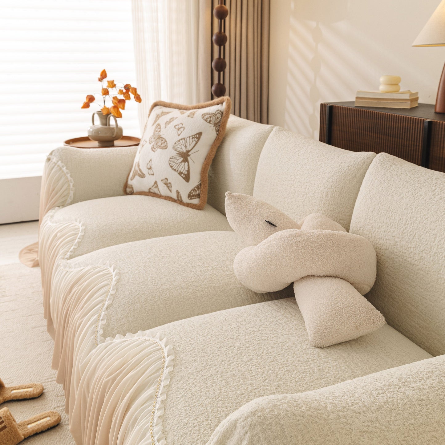 Luxury Sofa Throw Cover with Elegant Ruffled Skirt, Soft Decorative Couch Protector