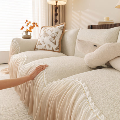 Luxury Sofa Throw Cover with Elegant Ruffled Skirt, Soft Decorative Couch Protector