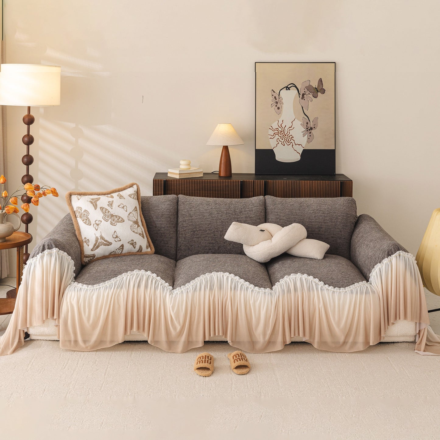 Luxury Sofa Throw Cover with Elegant Ruffled Skirt, Soft Decorative Couch Protector