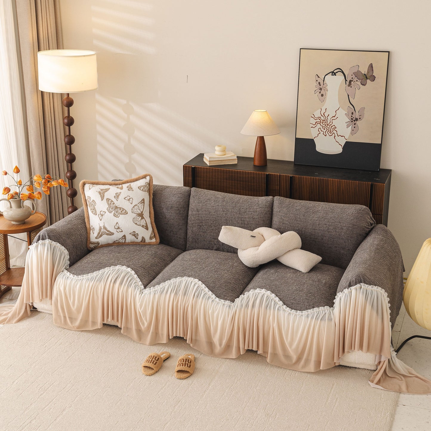 Luxury Sofa Throw Cover with Elegant Ruffled Skirt, Soft Decorative Couch Protector