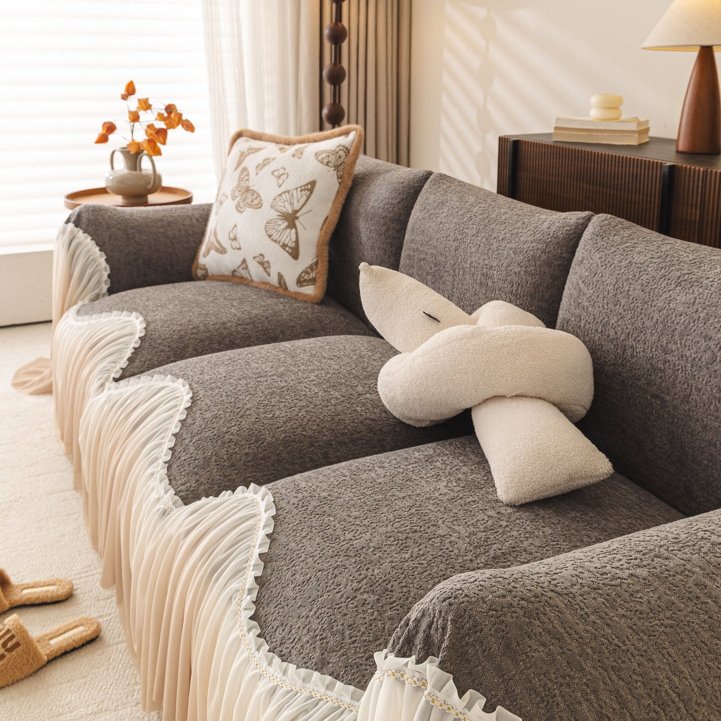 Luxury Sofa Throw Cover with Elegant Ruffled Skirt, Soft Decorative Couch Protector