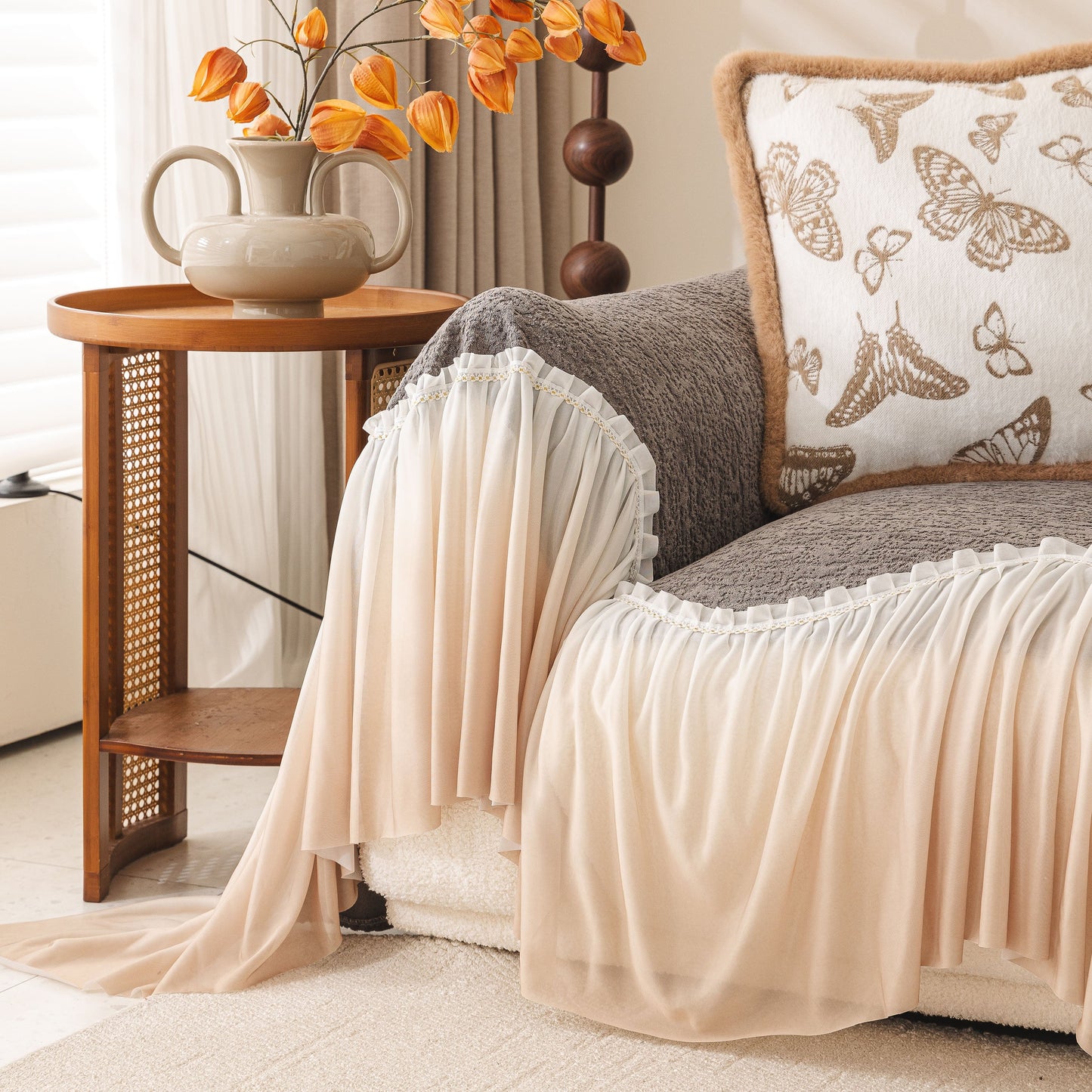 Luxury Sofa Throw Cover with Elegant Ruffled Skirt, Soft Decorative Couch Protector