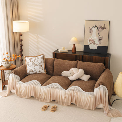 Luxury Sofa Throw Cover with Elegant Ruffled Skirt, Soft Decorative Couch Protector