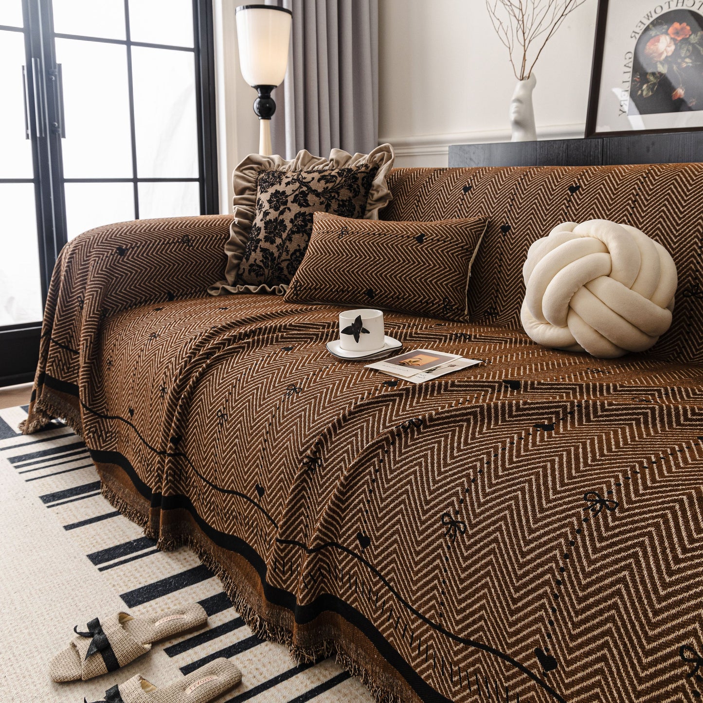 Chenille Couch Throw Cover Decorative Herringbone Sofa Blanket Protector for Couch