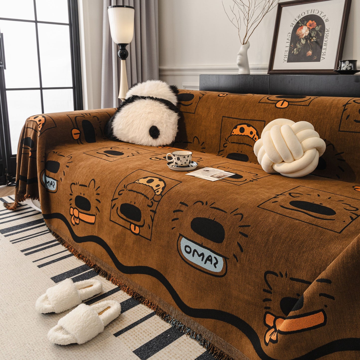 Cute Chenille Couch Cover Throw, Cartoon Soft Washable Sofa Cover for Sectional Sofas