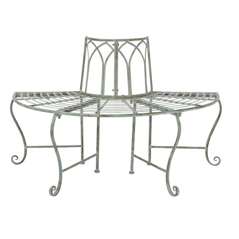 Half-Circle Outdoor Patio Garden Wrought Iron Tree Bench in Antique Green