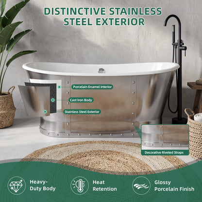 67" Cast Iron Freestanding Bathtub, Drain and Overflow Kit Included