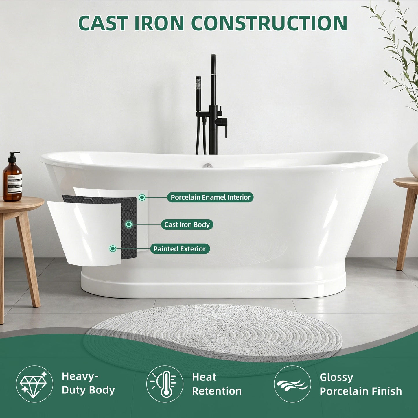 67" Cast Iron Freestanding Bathtub, Drain and Overflow Kit Included