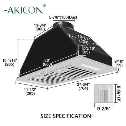 30“ Range Hood Insert, 600 CFM Built-in Stainless Steel Kitchen Hood with LED Lights - AK-HOOD-30