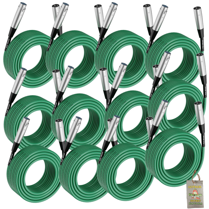 50ft XLR Microphone Cables (12-Pack) by FAT TOAD - Professional Pro Audio Green Mic Extension Patch with Lo-Z Connector - 24 AWG Shielded Wire & Balanced for DJ Music Recording Studio Mixer Gear